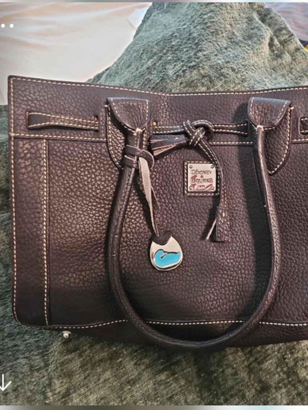 Vintage Dooney & Bourke Black Pebble Leather Satchel with Turquoise Charm